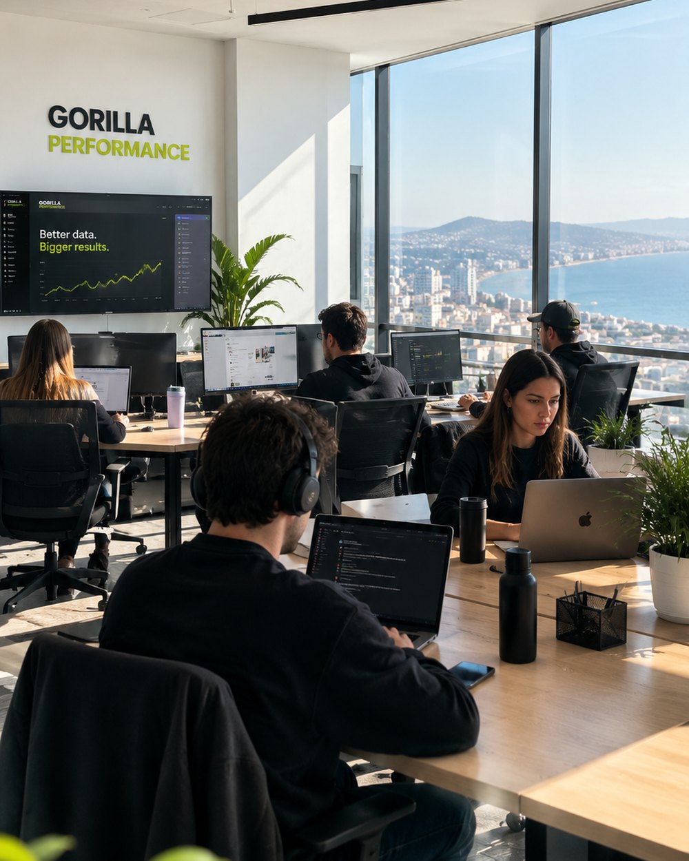 Ilustración de la oficina de Gorilla Performance, con un equipo trabajando frente a la bahía